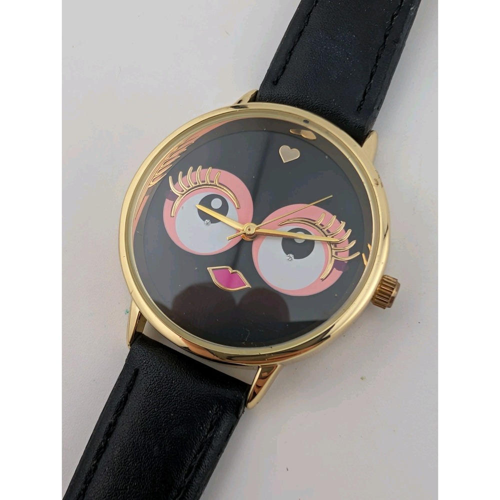 Cute Face Women's Watch 34mm Gold Case Black‎ Faux Leather Band- New Battery